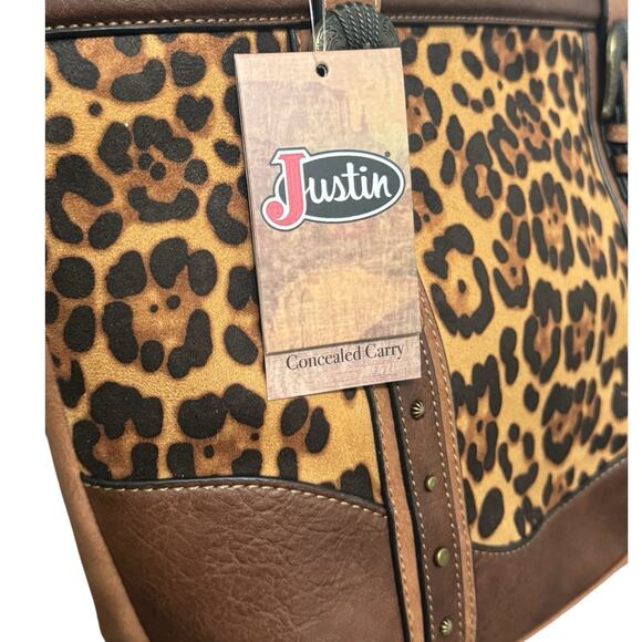 NWT! Justin Cheetah Animal Print Concealed Carry with Brown Trim Tote - Picture 9 of 12